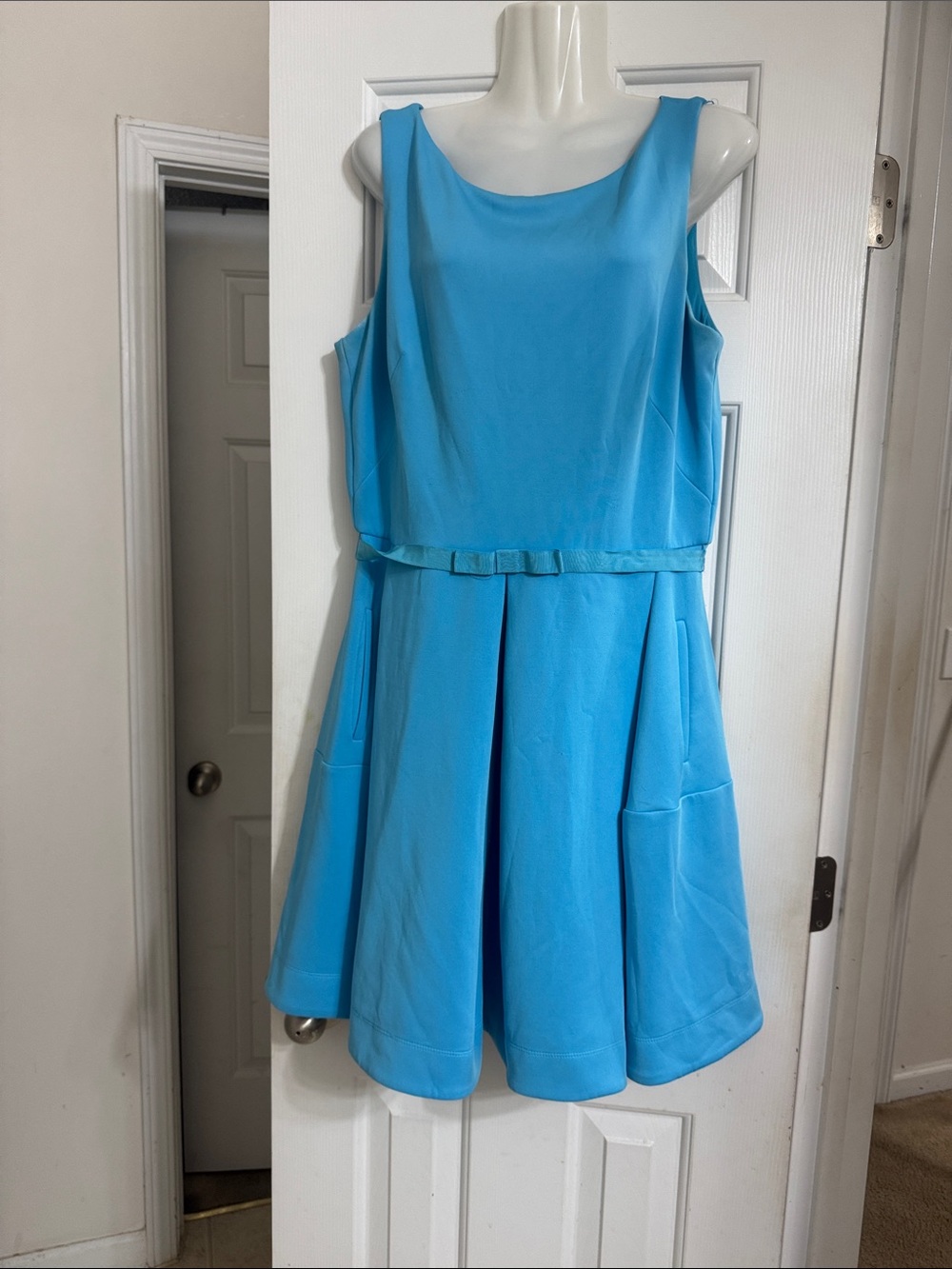 Sleeveless Aqua Midi Fit-and-Flare Dress with Waist Bow